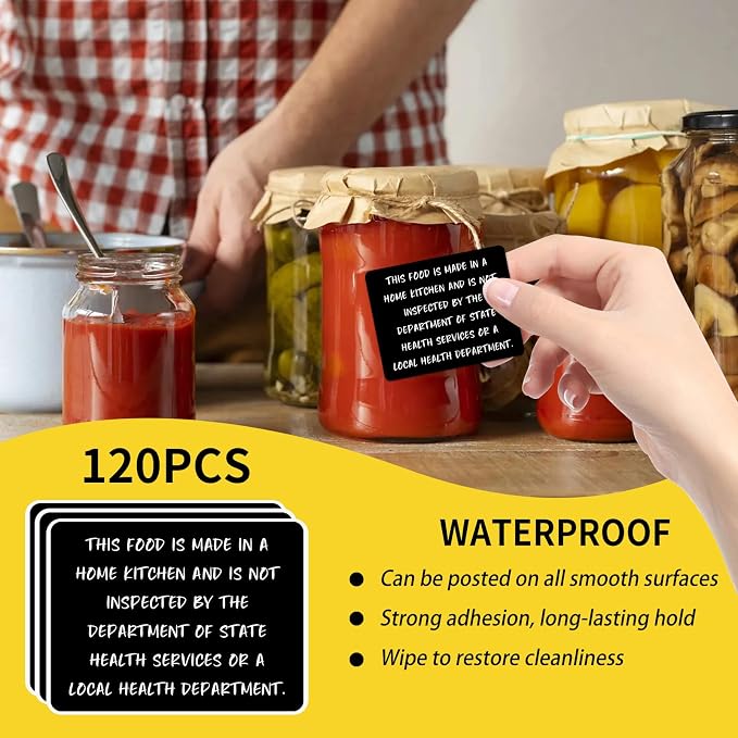Made in Home Kitchen 120 Pack Food Label Stickers, Cottage Food Law Labels Bakery Stickers, Cottage Kitchen Food Safety Labels Non-Inspection Statement (1.5"x2", Black)