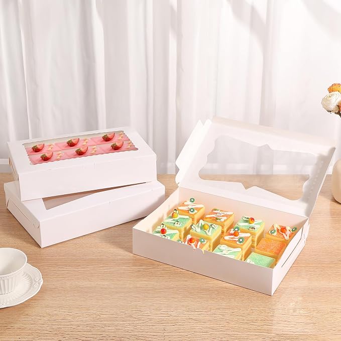 48pcs12x8x2.5 Inches Bakery Boxes,Cookie Boxes with 3Style for Window Bread,Treat,Chocolate,Strawberries,Dessert,Cakes,Donuts,Muffins,pastry