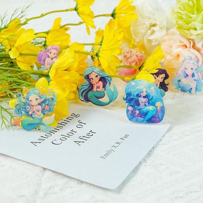 50 pcs Watercolor Cute Mermaid Clear PET Stickers, Fantasy Ocean Princess Transparent Die-Cut Decals, Waterproof Aesthetic Stickers for Girls Journal Scrapbook Planner DIY Party Craft Decor