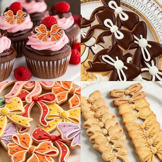 6Pcs 3D Bow Cookie Cutter Set Cute Cookie Cutters and Stamps for Baking Cookies Wedding Bow Fondant Cutters Birthday Cookies Making Supplies for Cupcakes Dessert DIY Craft Baking Biscuit Cutter