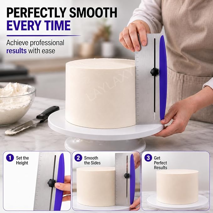 12 Inch Stainless Steel Cake Scraper, Leveler and Smoother, Icing Spatula, Perfect Tool for Icing, Frosting, Cream Edge. Adjustable Kitchen Spatula for Mousse, Cheese & Cream Cake