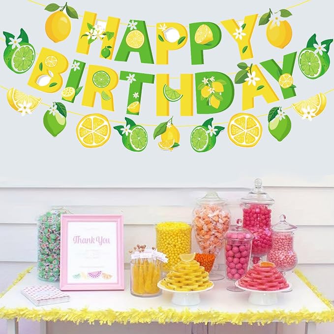 Zwiebeco Green Yellow Lemon Happy Birthday Party Decoration Banner Bunting Garland Hanging Paper for Boys Girls Women Kids Adults Summer Fruit Themed Party Decor Accessories Supplies