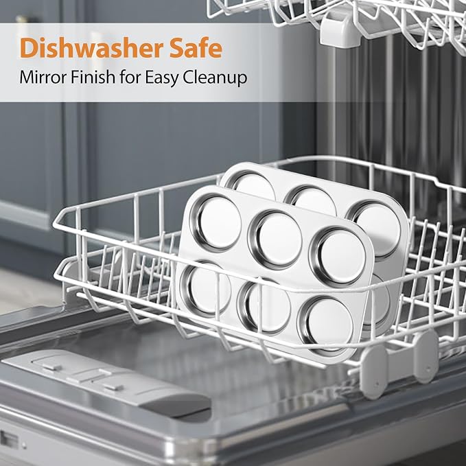E-far Muffin Top Pan, Stainless Steel 6-Cavity Shallow Cupcake Pan for Baking Whoopie Pie, Yorkshire Pudding, Eggs, Cornbread, Drop Cookies, Non-toxic & Standard Size, Oven & Dishwasher Safe