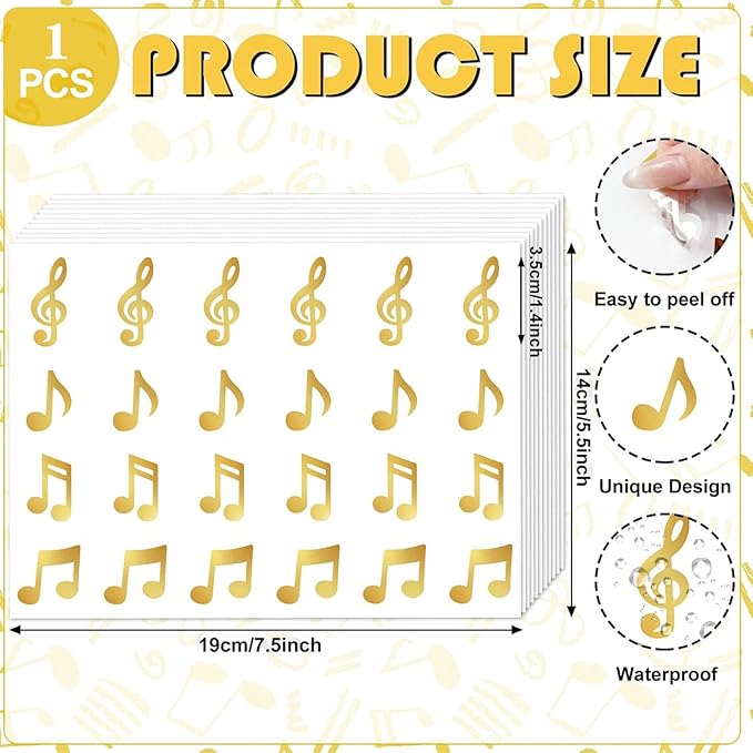 Gold Music Note Stickers, 280Pcs Self-Adhesive Treble Clef & Musical Note Decals for Envelope Seals Party Invitations Scrapbooking Music Themed Party Decorations
