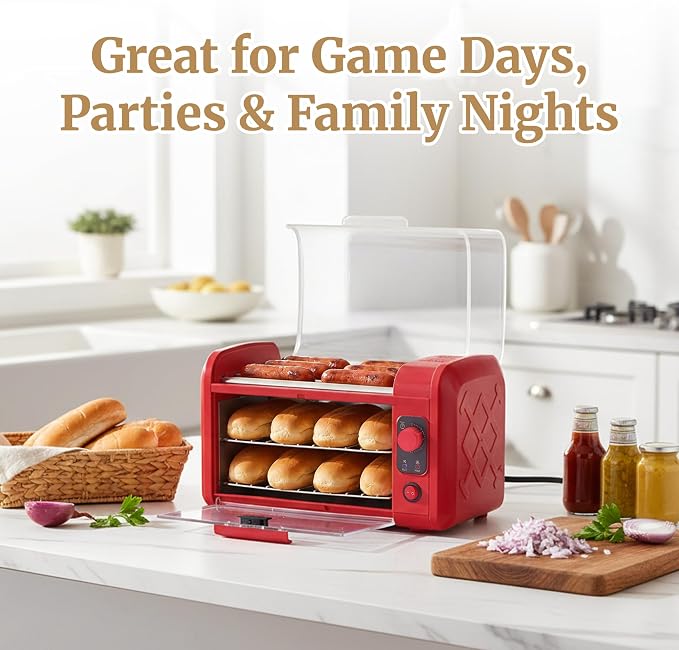 Elite Gourmet 8 Hot Dog Roller & Toaster Oven | 5 Stainless Steel Rollers, 30-Min Timer, Auto Shut-Off, 2 Warming Racks, Bun Warmer, Drip Pan | Cooks Brats, Sausages, Taquitos | Red