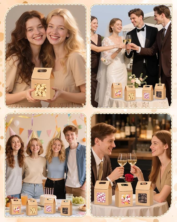 24 Pieces MINI Kraft Paper Gift Bags with Clear Window Small Goodies Gift Boxes with Handle 5.9 x 3.9 x 2.3inch Gable Candy Treat Box for Purim, Bakery Cookies, Wedding Favors, Small Business (brown)