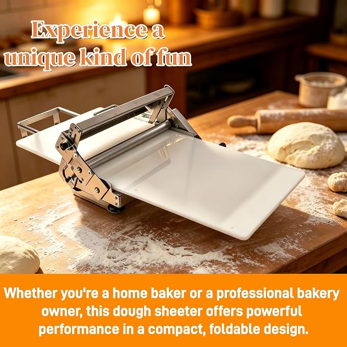 15.5" Folding Dough Sheeter, Stainless Steel Manual Dough Roller | 55 Adjustable Thicknesses, Includes Sheeter Board, Commercial Grade, For Pizza, Croissants and Puff Pastry