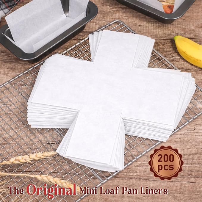 Webake 200Pcs Unbleached Parchment Paper Mini Loaf Pan Liners for 6x3 Small Banana Bread Pan, Original Precut, Non Toxic Baking Papers