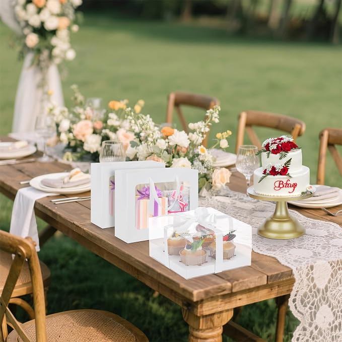 EUSOAR Cupcake Boxes 4 Count, 6 Pack White Bakery Cupcakes Containers Clear with Gift Ribbon, Rectangle Treat Dessert Muffins Holders Disposable Cake Carrier for Wedding Tea Party Favor Decor