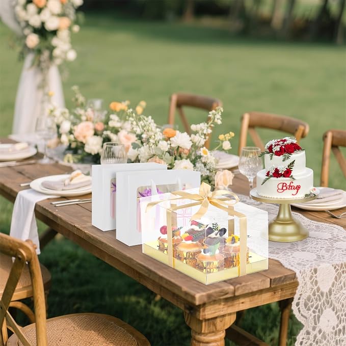 EUSOAR Gold Cupcake Boxes, 6 Pack Clear Muffins Pastry Container 6 Count with Gift Ribbon, Rectangle Bakery Cookies Dessert Holder Disposable Pastry Mini Cake Carrier for Wedding Party Favor Decor