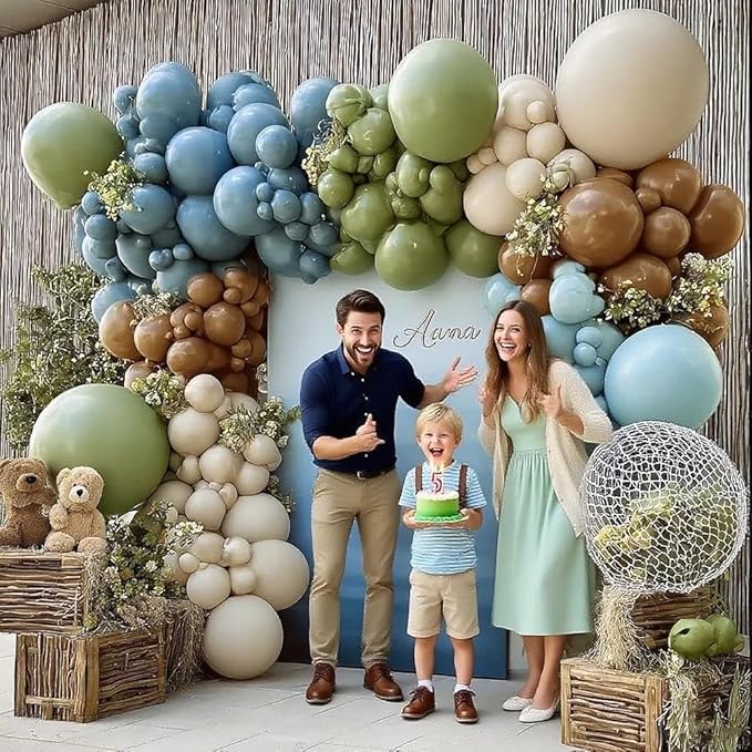 Blue Green Brown Balloon Garland Double Stuffed Dusty Blue Sage Green Balloons Olive White Sand Latex Balloon Arch Kit for Bear Baby Shower Birthday Woodland Wild One Party Decorations