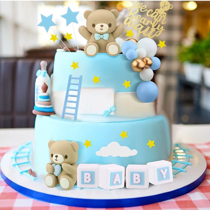 Yinder Bear Cake Toppers Mini Bear Cake Decorations Cake Toppers Gold White Pearl Ball for Birthday Party Decorations(Blue, Brown,Cute Style)