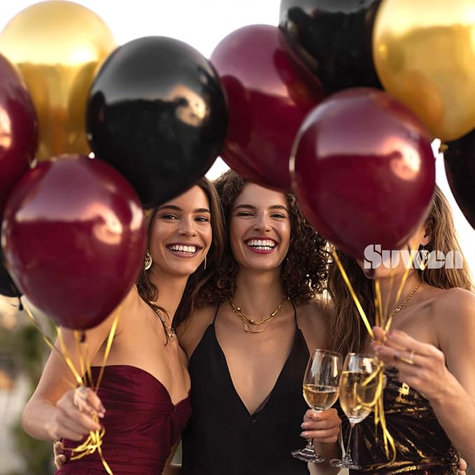 SUWEN Maroon and Gold Balloons, 60Pcs 12inch Burgundy Metallic Gold and Black Latex Balloons Kit for Birthday Graduation Anniversary Party Decoration