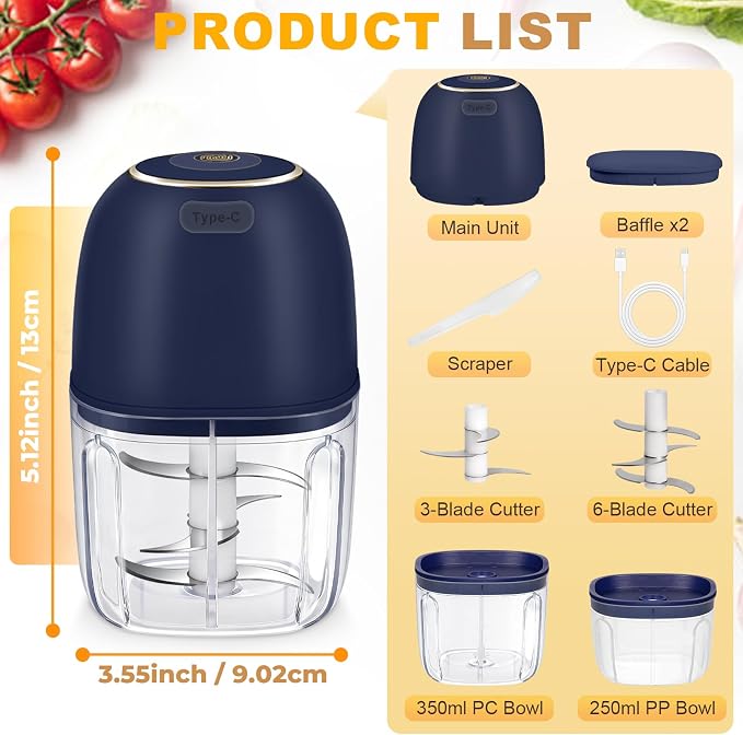 Portable Electric Garlic Chopper, 2 Bowls(1 Cup&1.5 Cup) Cordless Mini Food Processor【Up-Durable Motor】【2 Sets 304 Stainless Steel Blade】Grind for Garlic,Onion,Meat,Baby Food,BPA FREE(BLUE)