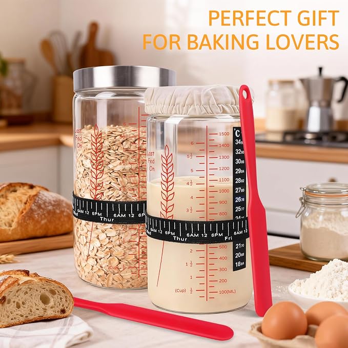 57oz Sourdough Starter Jars, Extra Large Complete Baking Kit | Sour Dough Starter Jars Includes Fermentation Cover & Aluminum Airtight Lid for Perfect Sourdough Bread (Red Set of 2)