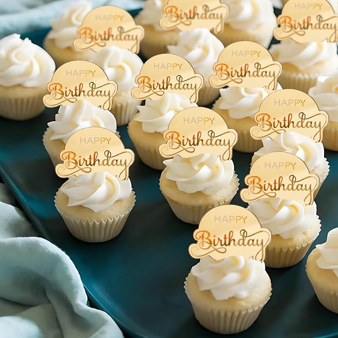 20 Pcs Mirror Acrylic Happy Birthday Cupcake Toppers Gold Happy Birthday Cake Topper Engraved Cake Picks for DIY Birthday Gift Flower Bouquet Pastries Desserts Decor