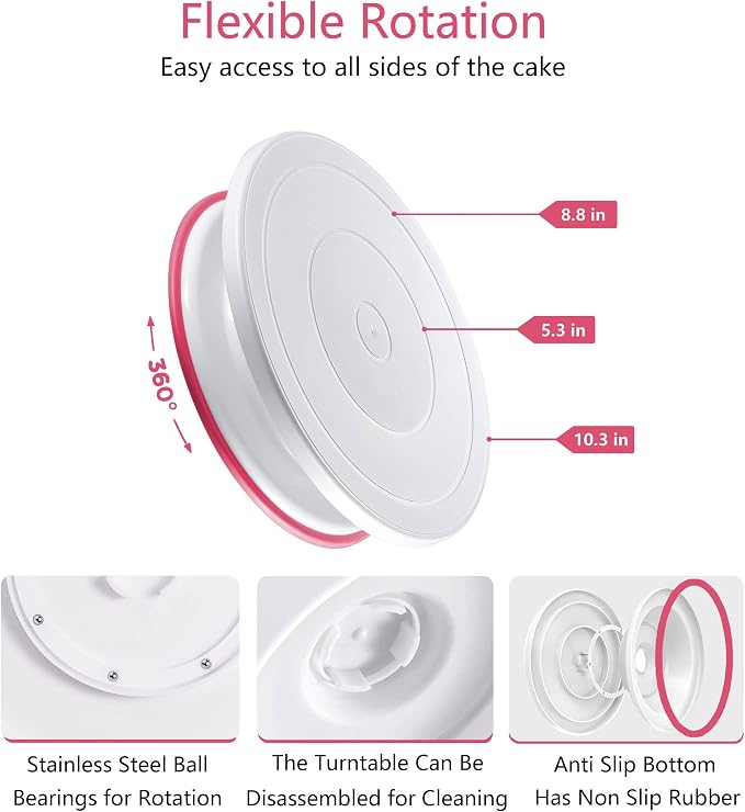 Cake Decorating Kit,137pcs Cake Decorating Supplies with Cake Turntable for Decorating,Pastry Piping Bag,Russian Piping Tips Baking Tools, Cake Baking Supplies for Beginners(Pink)