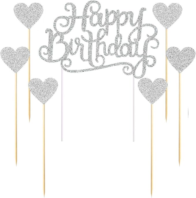 PALASASA Happy Birthday Cake Toppers Gold glitter letters"happy birthday"and love star,Party decor Decorations,Set of 7 (Silver)