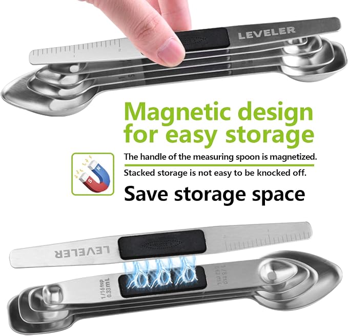 Stainless Steel Magnetic Measuring Spoons Set, Heavy Duty Metal Kitchen Gadgets for Baking & Cooking, Fits in Most Kitchen Spice Jars, Set of 4 with Leveler (Black)