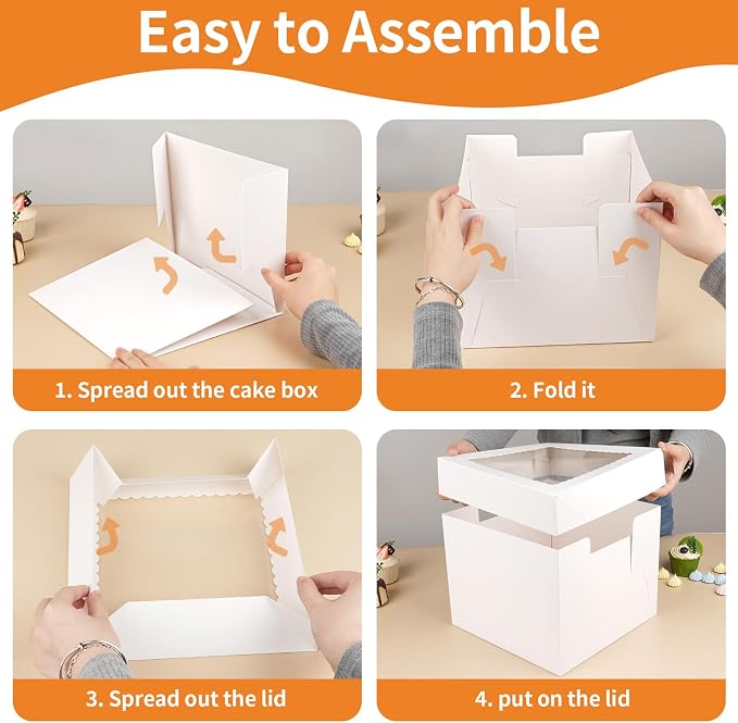 WINKIO 10 Inch Cake Box with Cake Boards, 2 Pack Disposable Cake Carrier, Cakes Transport Container, White Bakery Holder with Window, for Cookies Pies Cupcakes Pastry (10×10×8 Inches)