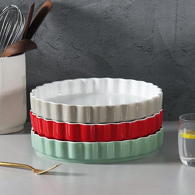 Quiche Baking Dish,Ceramic Pie Pan 11 Inch Reusable,Pizza Pan,Non-Stick Round Tart Pan with Ruffled Edge Microwave Dishwasher and Oven Safe (GREY)