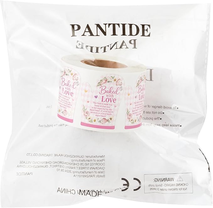 PANTIDE 500 Count Baked with Love Cottage Food Law Labels Stickers (Pink) | Flower Adhesive Oven Mitt Shaped Decal Roll, Made in A Home Kitchen, Inspection Statement Thermal Printed, for Food Packaging