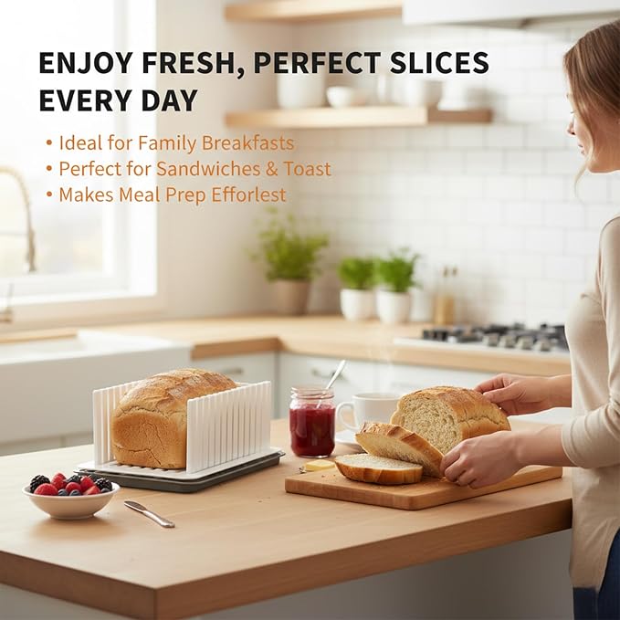 New Upgrade Bread Slicer for Homemade Bread, Bread Slicing Guide Adjustable Width, Foldable and Compact Cutting Guide with Crumb Tray, Suitability for Homemade Bread, Bagels, Cakes