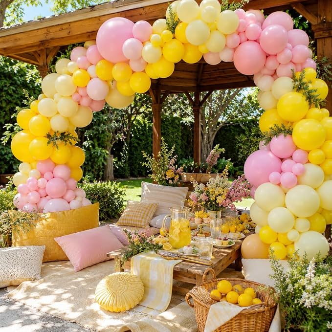 Pink and Yellow Balloon Arch Kit, 122Pcs Pastel Pink Yellow Balloons for Girls Lemon Party Decorations Summer Birthday Pool Theme Bridal Shower Baby Shower Engagement Party Decorations