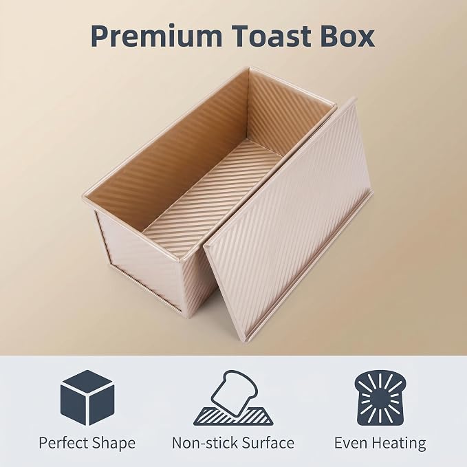 CANDeal Gold Corrugated Pullman Loaf Pan with Lid, Nonstick Commercial Bread Toast Mold for Baking, 2.2LB Durable Carbon Steel Baking Tins Set, Easy Release & Clean, Perfect for Home Bakery & Kitchen