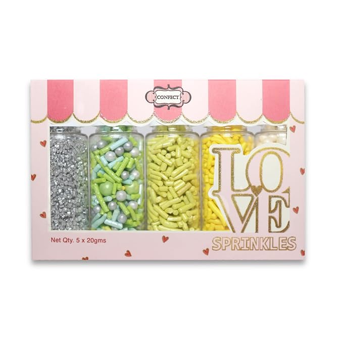 Confect Edible Sprinkles for Cakes & Cupcakes Decoration Assorted pack of 5 Summer Fun Sprinkles Mix White Dragees Green Yellow Blue Jimmies Silver Sparkling Sugar | Vegan, Gluten-Free, Nut-Free, Soy-Free, Dairy-Free, Palm Oil-Free - 5 Oz