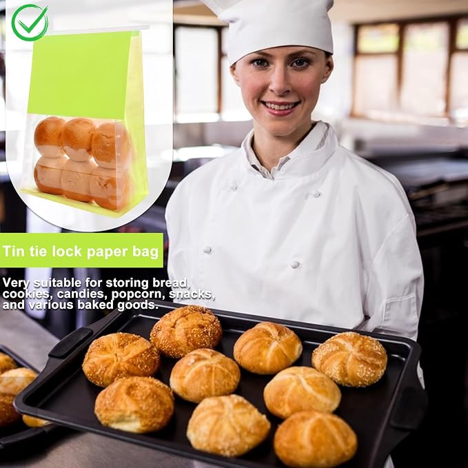 50 Pack Bakery Bags with Window - Large Reusable Cookie Bags With Seal Can Stand Upright Cookie Packaging Bag With Tin Tie Tab Lock Kraft Paper Bread Bags For Pastry,Donuts,Snacks(Green Large)