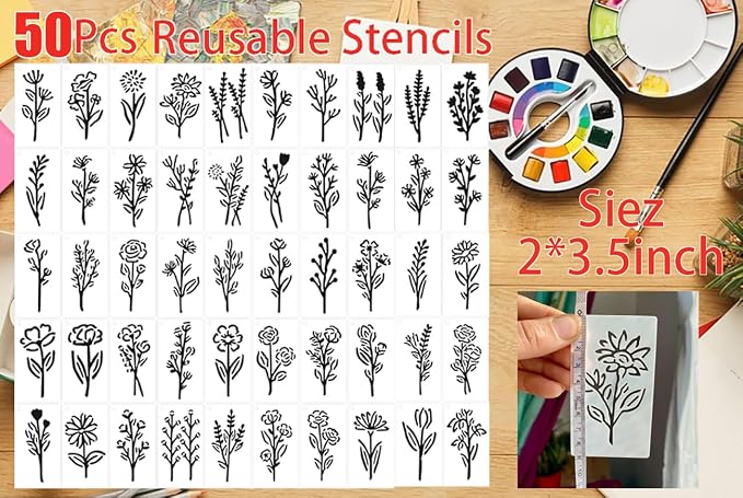 50Pcs Scroll Tile Small Wildflower Flower Cookie Stencils for Baking, Royal Icing, Sugar Cookie, Art Cards Decorating Tools (50)