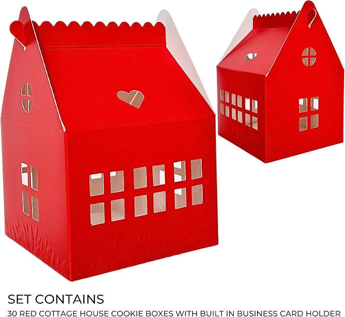 30 Pcs Cottage House Cookie Boxes with Window & Business Card Holder, Red, 4 x 4 x 6 in Bakery Gift Boxes for Treats, Desserts, Party Favors & Realtor Pop By Gifts