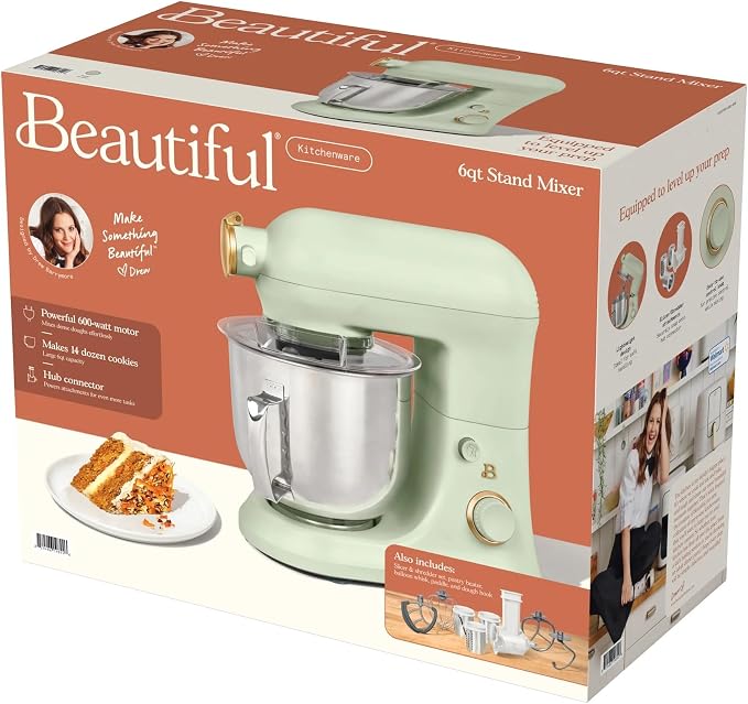 6 Quart Stand Mixer, 600W Tilt-Head Electric Kitchen Mixer with 12 Speeds, Stainless Steel Bowl, Dough Hook, Whisk & Beater, Multifunction Food Mixer (Sage Green)