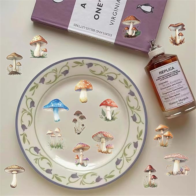 Transparent Mushroom Stickers,50pcs Vintage Mushroom Sticker Waterproof PET Stickers for Scrapbook Journaling Photo Album Collage Card Nature Colorful Agaric Sticker for Teens and Adults(colourful-B8)