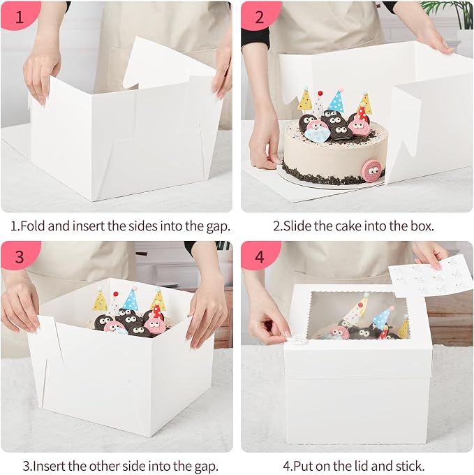 ZORRITA 6 Pack Cake Boxes, 10 x 10 x 8 Inches Tall Bakery Box with Window and Cake Boards, Disposable Cake Containers for Wedding, Birthday, Party