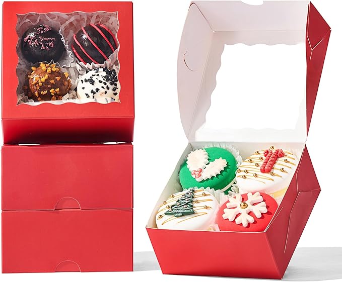 100-Pack 4x4x2 Inches Classic Red Bakery Boxes - Treat/Cookie/Truffle Boxes for Mini Cakes, Pies & Cinnamon Rolls - Wedding Party Favor Packaging