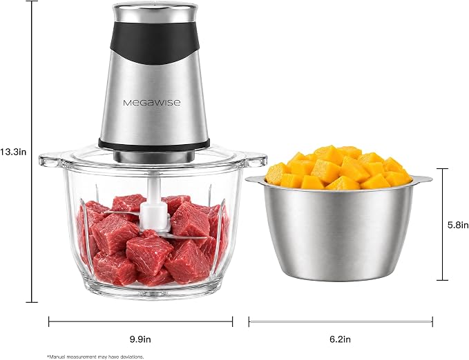 MEGAWISE Electric Food Chopper 800W, Dual-Speed Meat Grinder with1.2L 304# Stainless Steel Bowl & 2.2L Glass Bowl, BPA-Free Food Processor for Meat, Vegetables, and Nuts