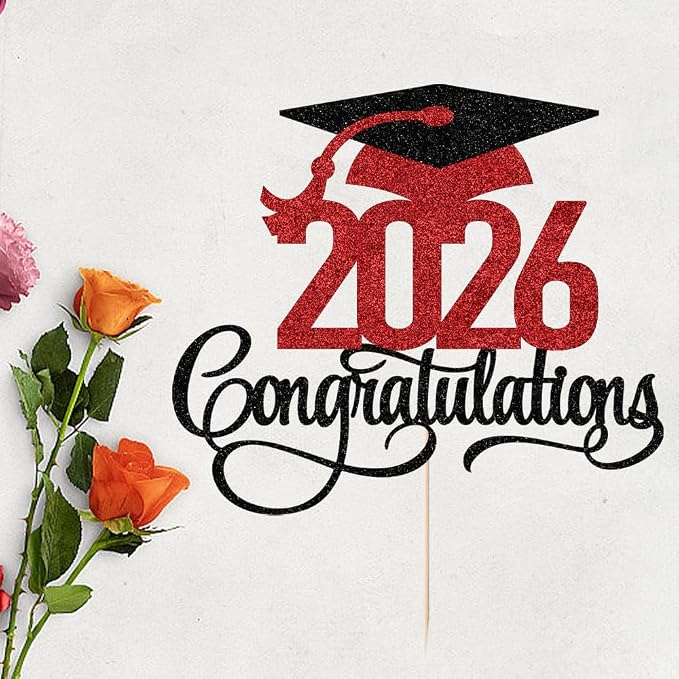 Black red Glitter 2026 Congratulations Graduation Cake Topper,Congrats Grad Cake Decor - 2026 High School/College/Senior Graduation Party Decorations Supplies