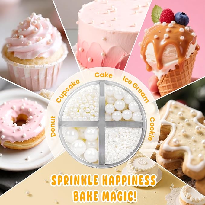 White Edible Pearl Sprinkles for Cake Decorating, 4 sizes Patriotic Sprinkles, 160g/5.64oz, Candy Pearls Sprinkles for Cupcake, Cookie, Baking Cake Decorations, Wedding Party Holiday Supplies