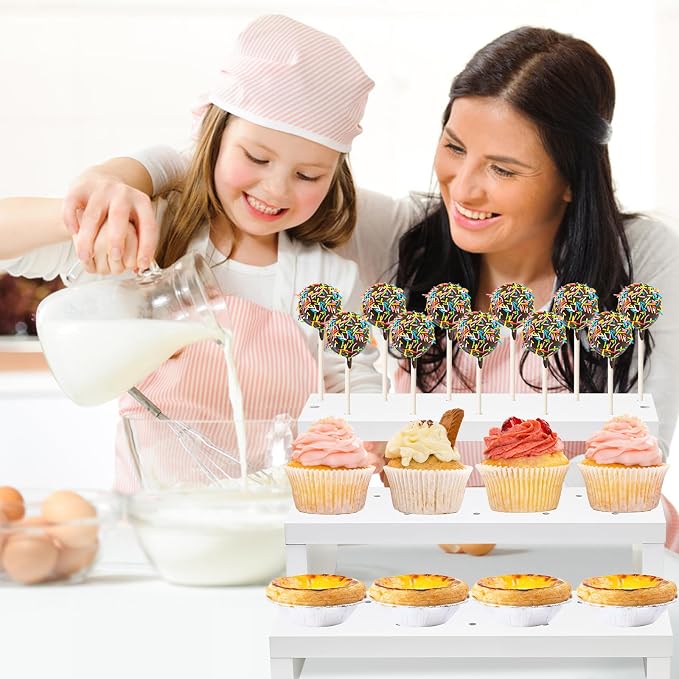 Wood Cake Pop Stand, 3 Tier White 33 Holes Lollipop Display Holder with Twist Ties Lollipop Sticks, Cupcake Dessert Display Stand Riser for Table of Wedding Birthday Party Christmas Day (A)