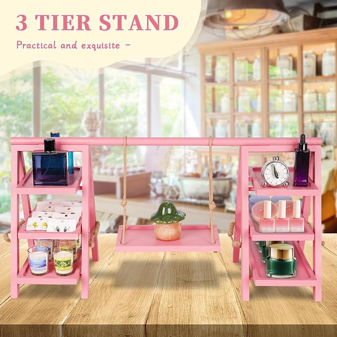 Flenpptly Wooden Cupcake Stand, 3 Tier Cupcake Display Stand for Dessert Display, Dessert Stands with Serving Tray and Foldable Stand for Party, Birthday, Wedding, Events, Baby Shower (Pink)
