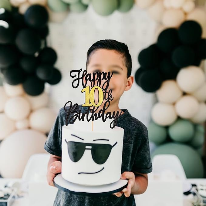 1 PCS Happy 10th Birthday Cake Topper Black Gold Glitter Cheers to 10 Years Birthday Cake Pick 10 Fabulous Cake Decoration for Happy 10th Birthday Anniversary Party Cake Decorations Supplies
