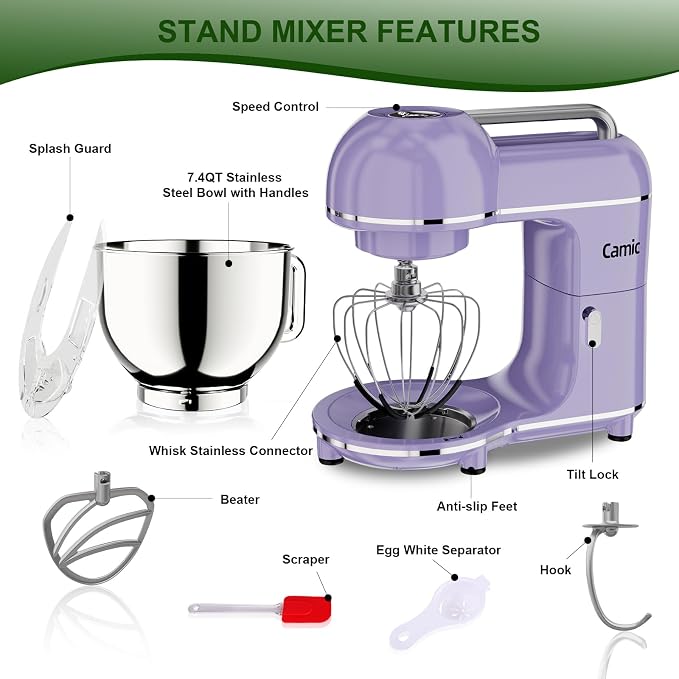 Camic Electric Stand Mixer,7.45 QT,10 Speeds with Dough Hook,Whisk, Flat Beater Attachments, Splash Guard, Easy-Carry Top Handle,3-IN-1 Kitchen Mixer for Baking Cakes Cookie Bread Salad (Purple)
