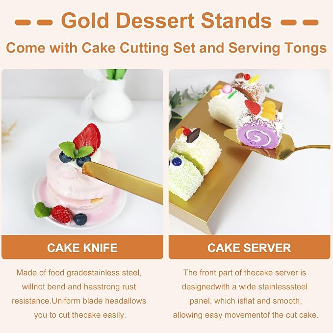 MACIFECI Gold Dessert Table Display Set, 11PCS Metal Gold Cake Stand Set, Including Cupcake Tower Stand, Dessert Tray, Risers Stands, for Wedding, Party