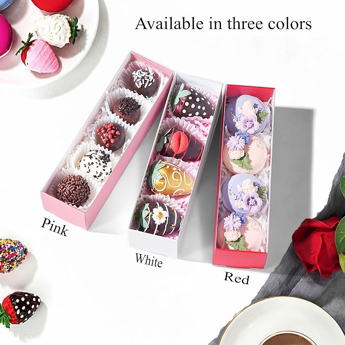 50Pcs 8x2.2x2 Inches Chocolate Covered Strawberry Boxes, Mcaron,Truffle,Chocolate Boxes Empty & Bakery Boxes for Cake,Strawberry,Dessert,Bonbon & Sweet Boxes Party Favors