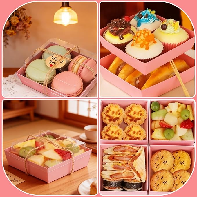54 Pack Small Charcuterie Boxes with Clear Lids, Paper Mini Charcuterie Box To Go, Disposable Food Container with Lid, Dessert Boxes for Sandwich, Cookie, Sushi, Cake Slice, and Strawberries, Pink
