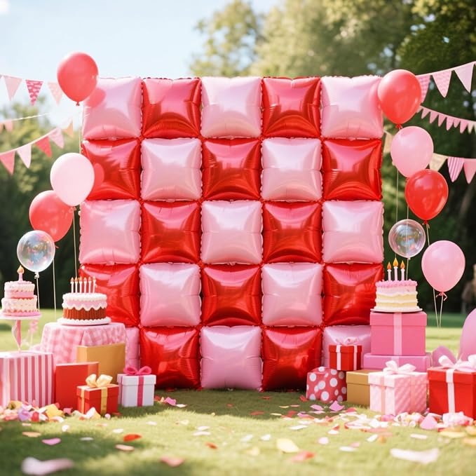 NISOCY 25PCS Red and Pearl Pink Square Foil Balloons Wall Backdrop Double Sided Red Pink Balloon Arch Kit for Birthday Bachelorette Anniversary Engagement Valentine's Day Strawberry Party Decoration