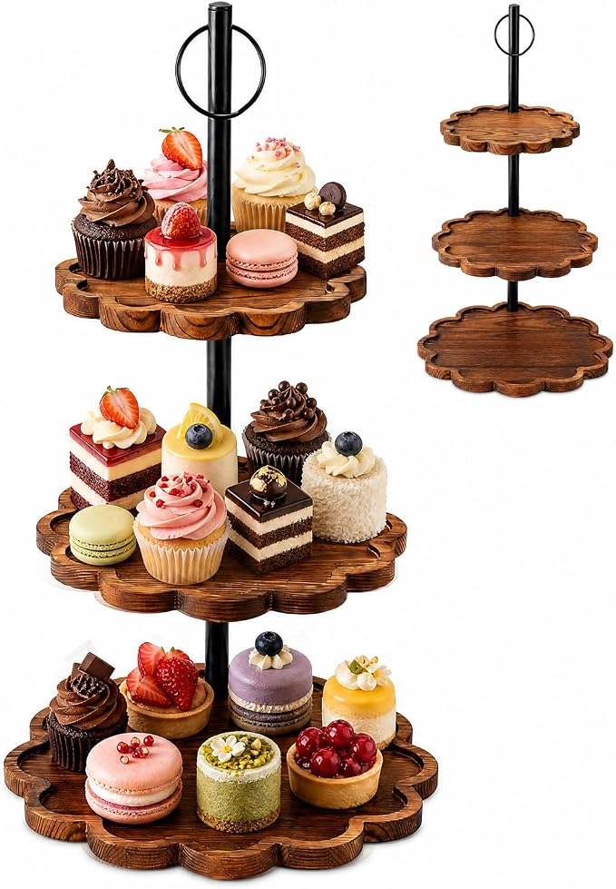 Willinglong 3 Tier Cupcake Stand Holder, Wavy Edge Cake Stand, Rustic Dessert Table Display Set Rotating Wood Cupcake Tower with Tiered Serving Tray for Cupcakes Wedding Birthday