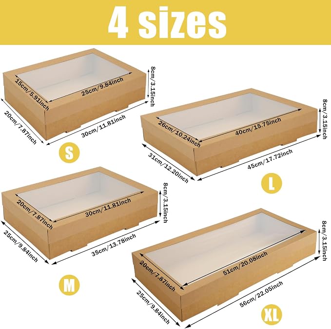 10 Pack Large Bakery Boxes with Window, 22x9.8x3.15 Inch Cookie Boxes, Cardboard Pastry Boxes, Brown Treat Box for Gift Giving, Baking Pies, Cakes, Muffins and Desserts (XL)